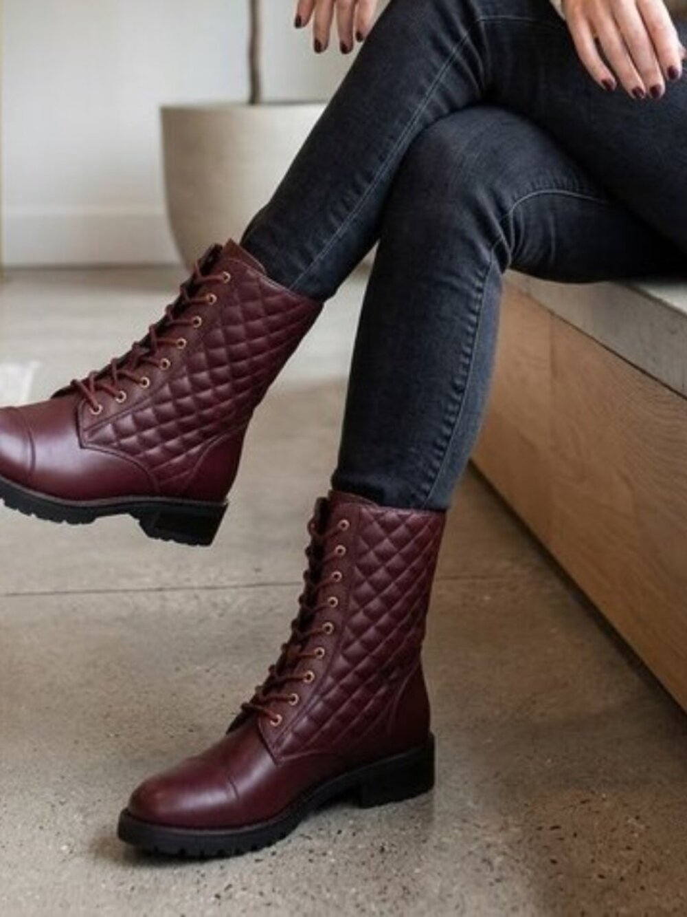 Burgundy Combat Boots Women’s Size 7  Lace-Up Motorcycle Chunky Lug Sole